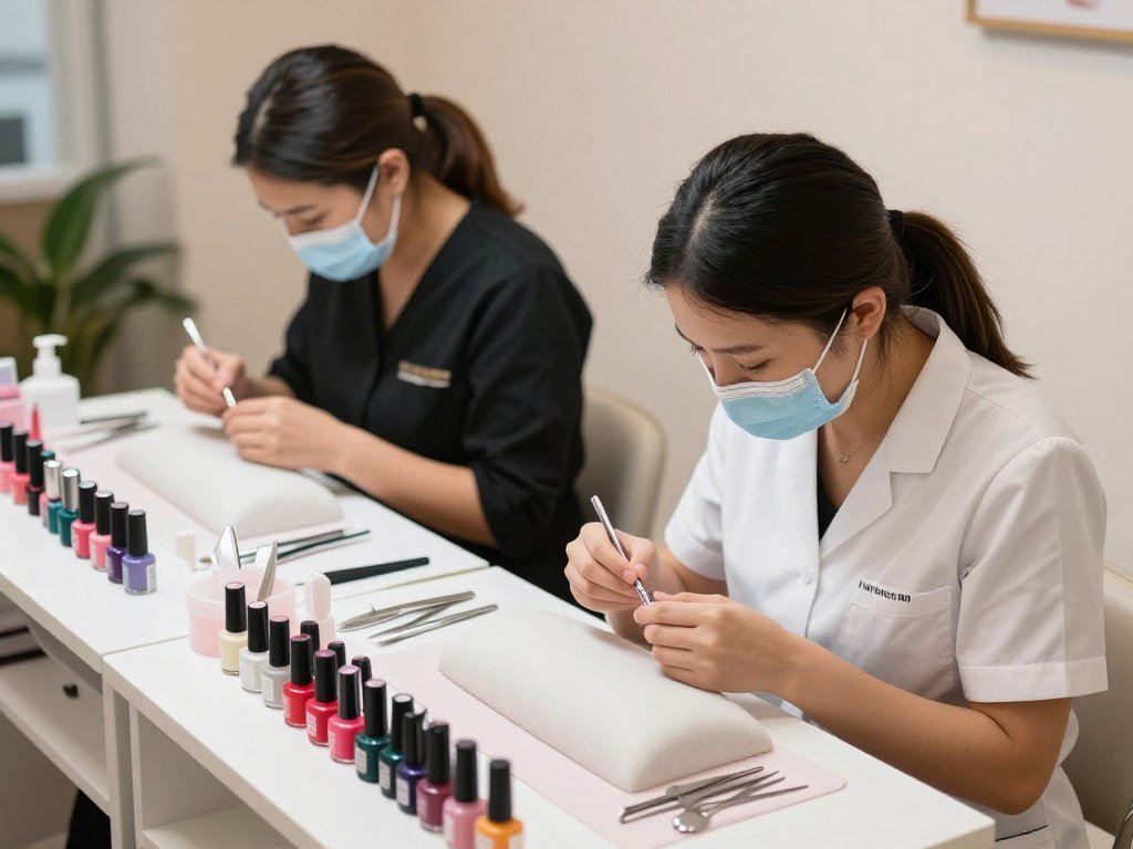 Nail salon staff setting out clean tools before a customer visit Nail salon staff setting out clean tools before a customer visit