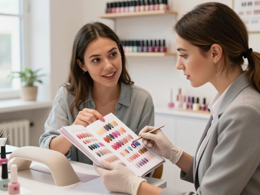 Nail technician reviewing a detailed nail art reference with a client Nail technician reviewing a detailed nail art reference with a client