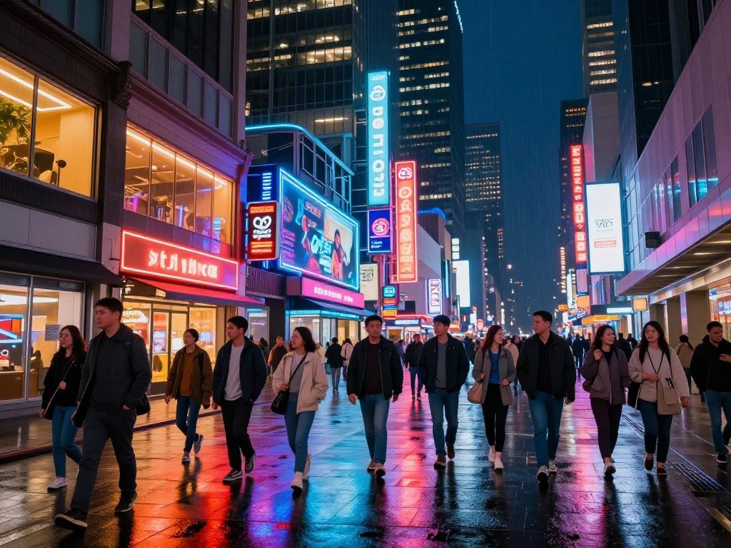 Neon signs light a crowded Night City street at night