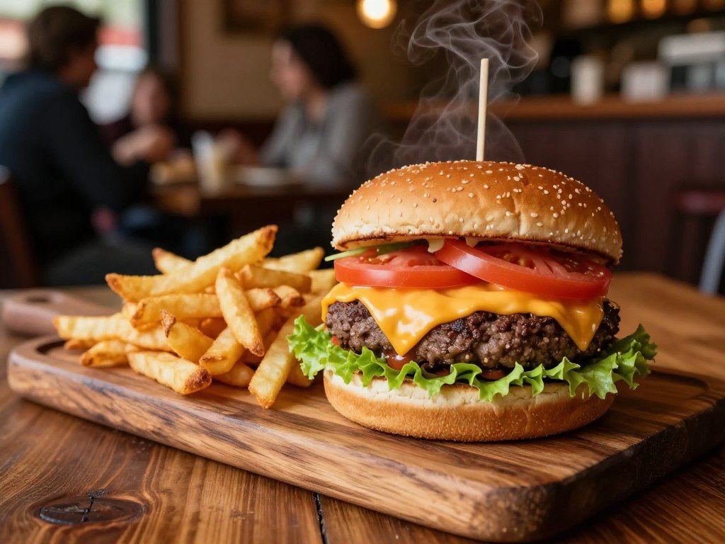 New York burger with fries at a neighborhood restaurant