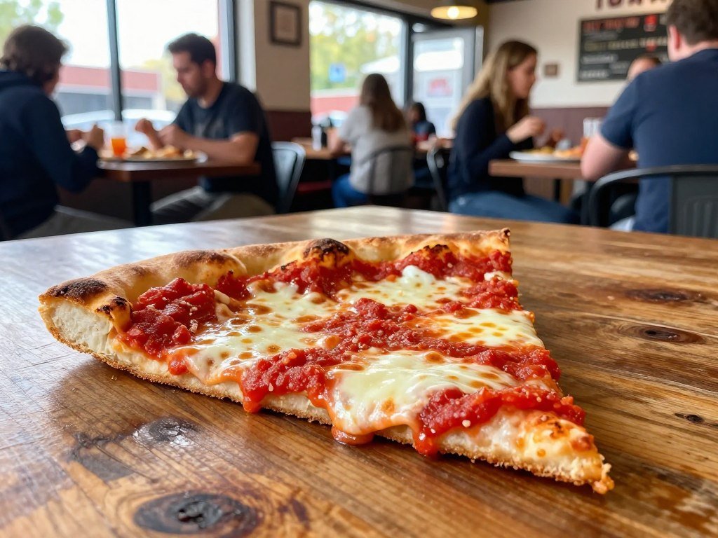 New York-style pizza slice at a Denver lunch spot New York-style pizza slice at a Denver lunch spot