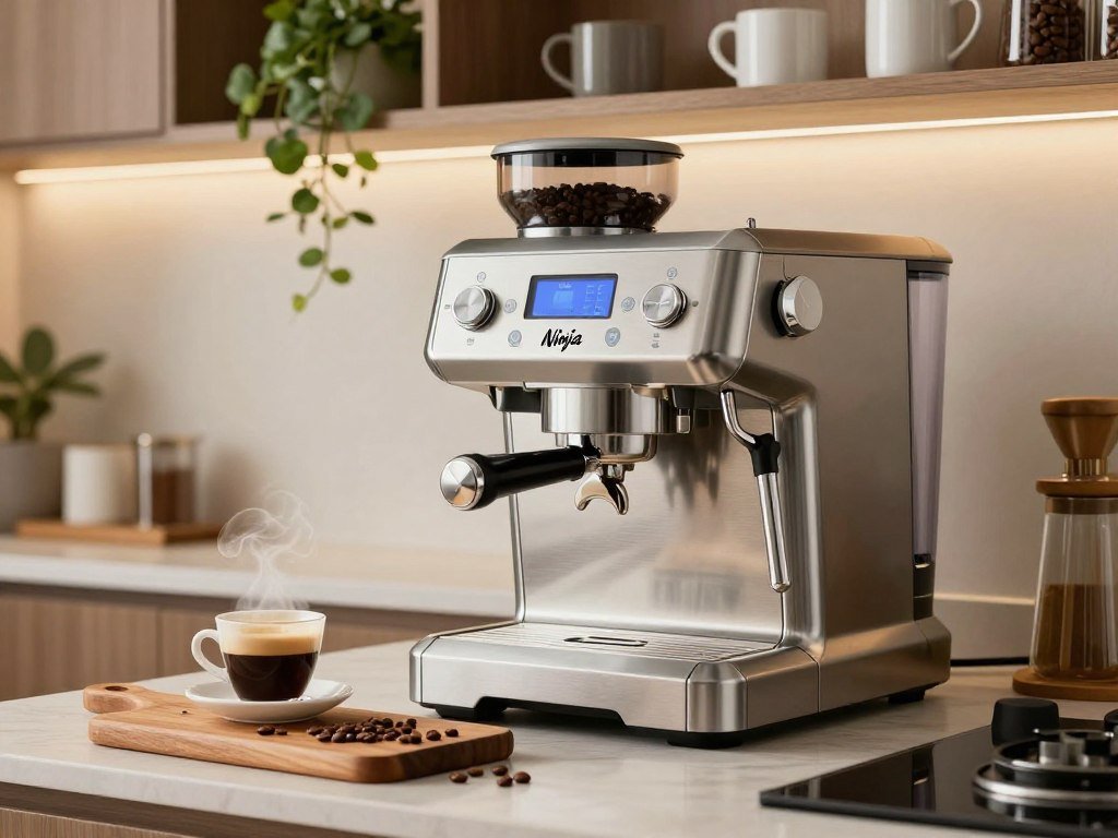Ninja Luxe Cafe with integrated grinder on a kitchen counter Ninja Luxe Cafe with integrated grinder on a kitchen counter