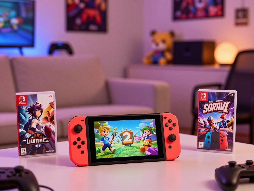Nintendo Switch 2 exclusive games beside an original Switch console
