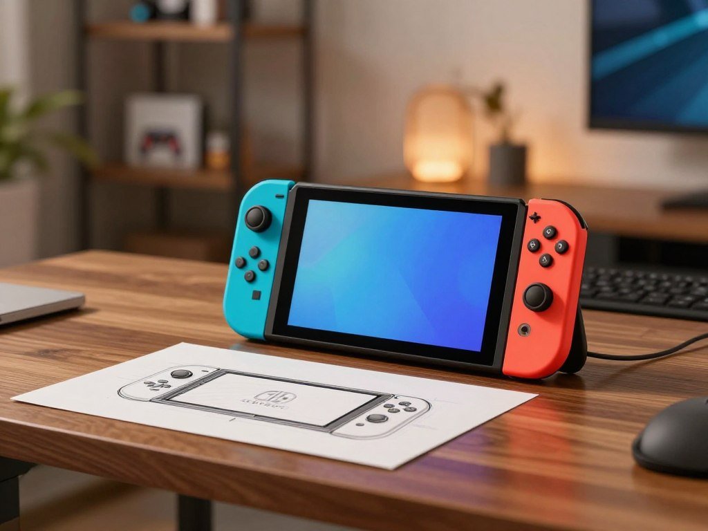 Nintendo Switch 2 on a desk beside an unconfirmed Lite sketch