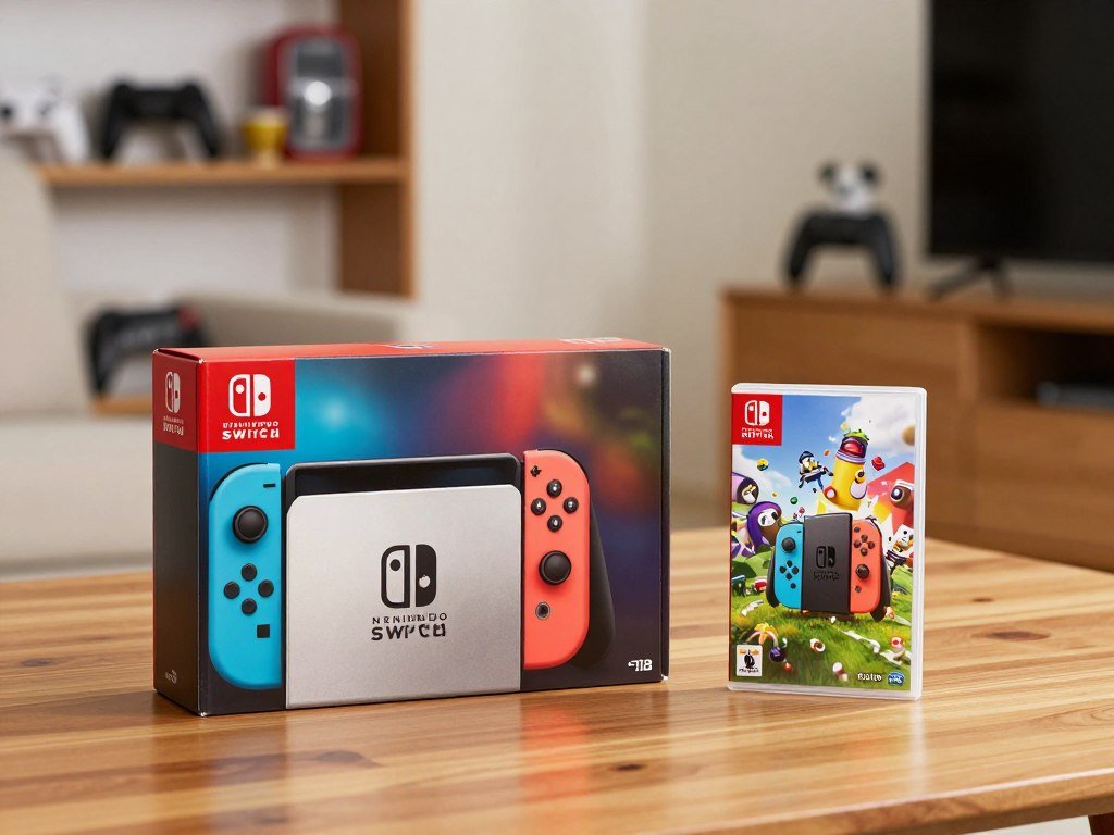 Nintendo Switch system package beside a separate game case
