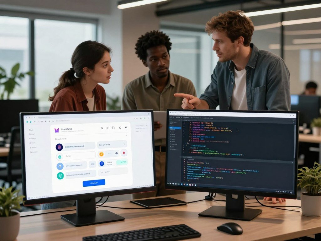 No-code chatbot builder beside a custom code workspace No-code chatbot builder beside a custom code workspace
