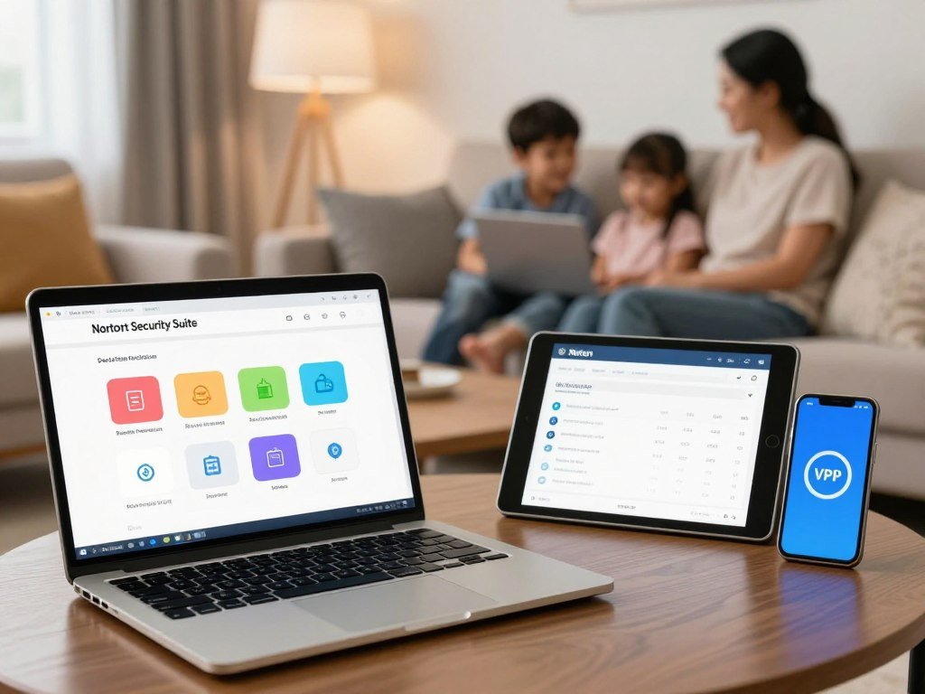 Norton security suite features displayed across family devices Norton security suite features displayed across family devices