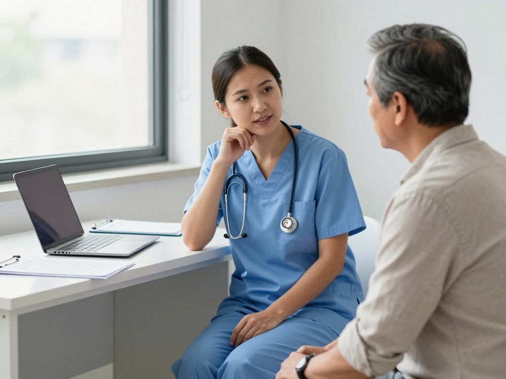 Nurse practitioner discussing care with a patient in a clinic