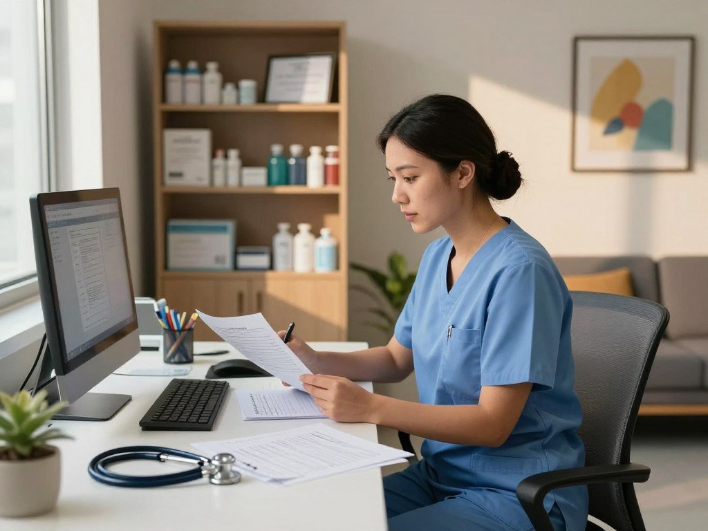 Nurse practitioner reviews patient notes in a clinic