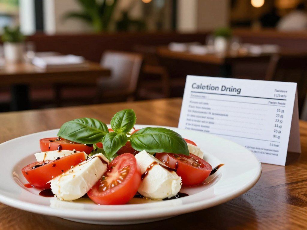 Nutrition details beside a restaurant caprese salad serving Nutrition details beside a restaurant caprese salad serving