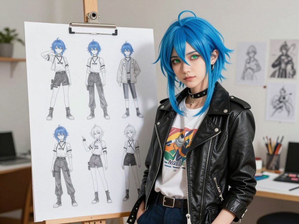 OC portrait beside a reference sheet with poses and views