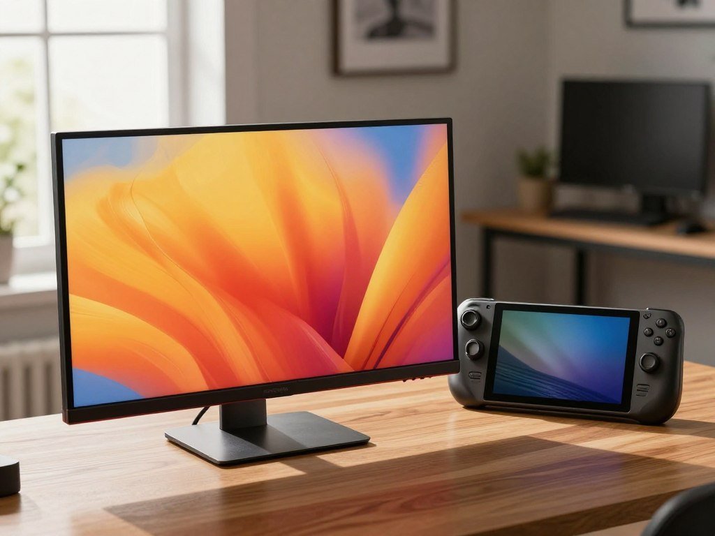 OLED display showing bright colors beside a Steam Deck LCD OLED display showing bright colors beside a Steam Deck LCD