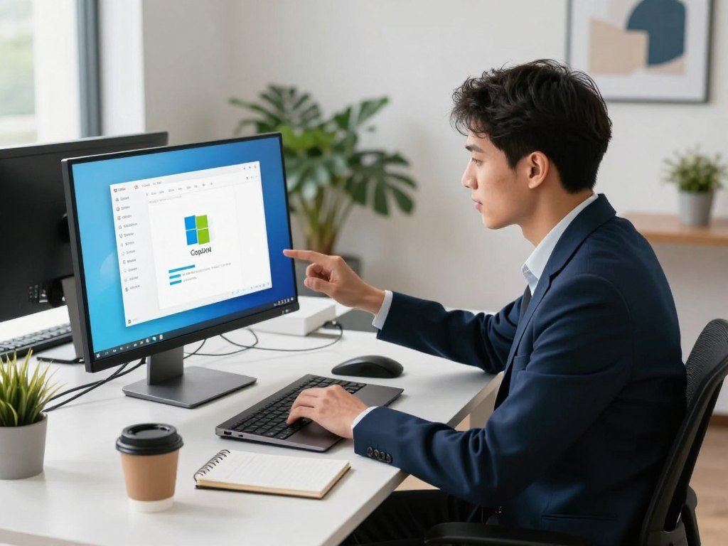 Office worker uses Copilot with Microsoft apps Office worker uses Copilot with Microsoft apps