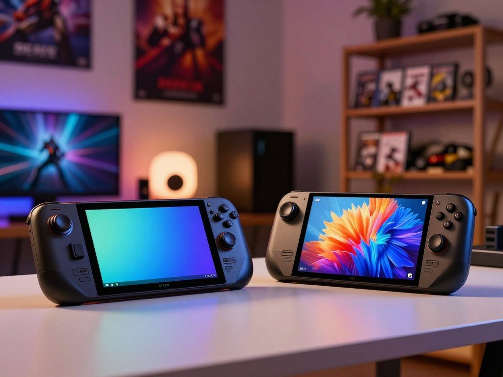 Older Steam Deck LCD beside a current OLED model Older Steam Deck LCD beside a current OLED model