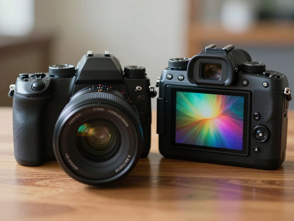 Optical viewfinder and electronic viewfinder on two cameras Optical viewfinder and electronic viewfinder on two cameras