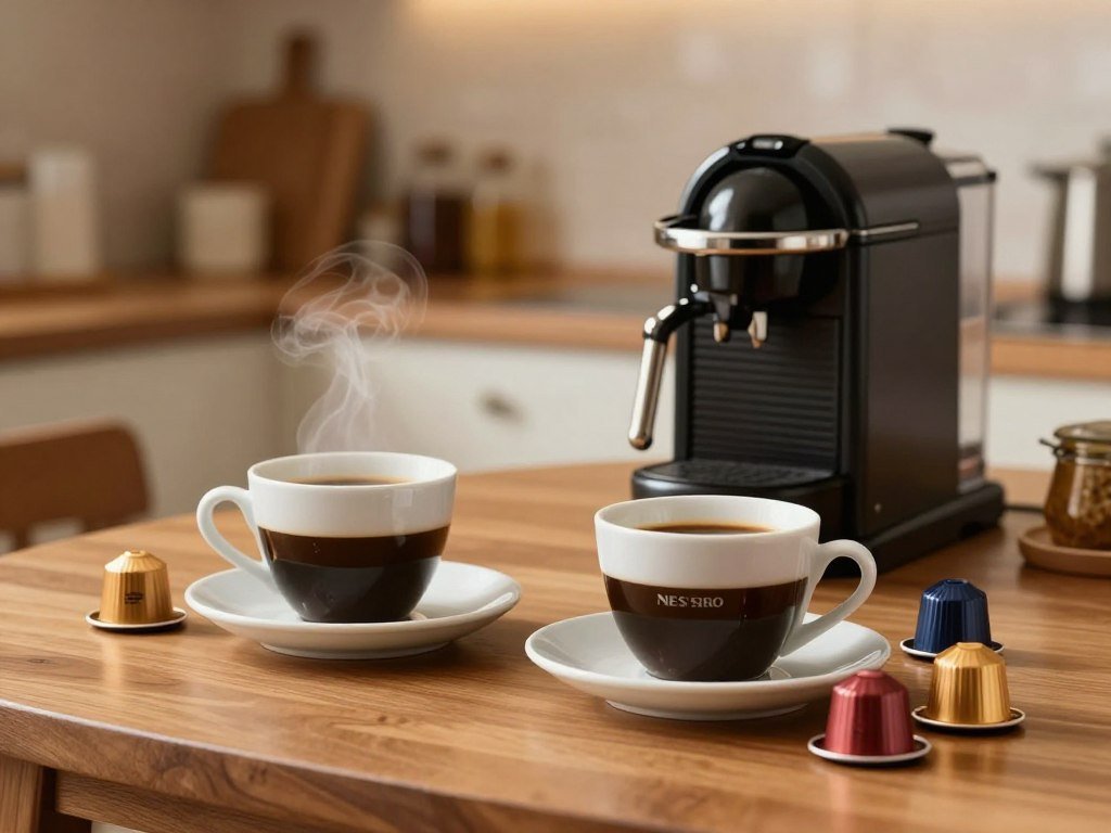 Original and Vertuo coffee cups beside two capsule formats