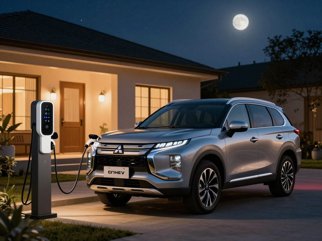 Outlander PHEV plugged into a home charging outlet overnight Outlander PHEV plugged into a home charging outlet overnight