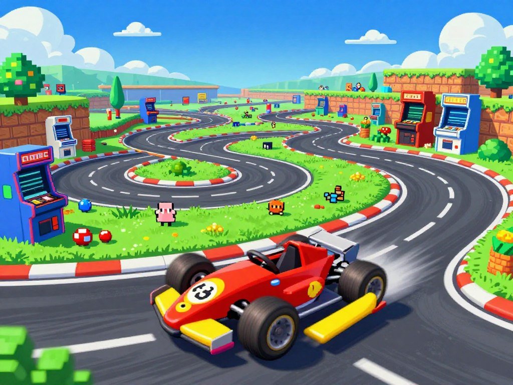 Overhead Famicom Grand Prix racer crossing a course Overhead Famicom Grand Prix racer crossing a course