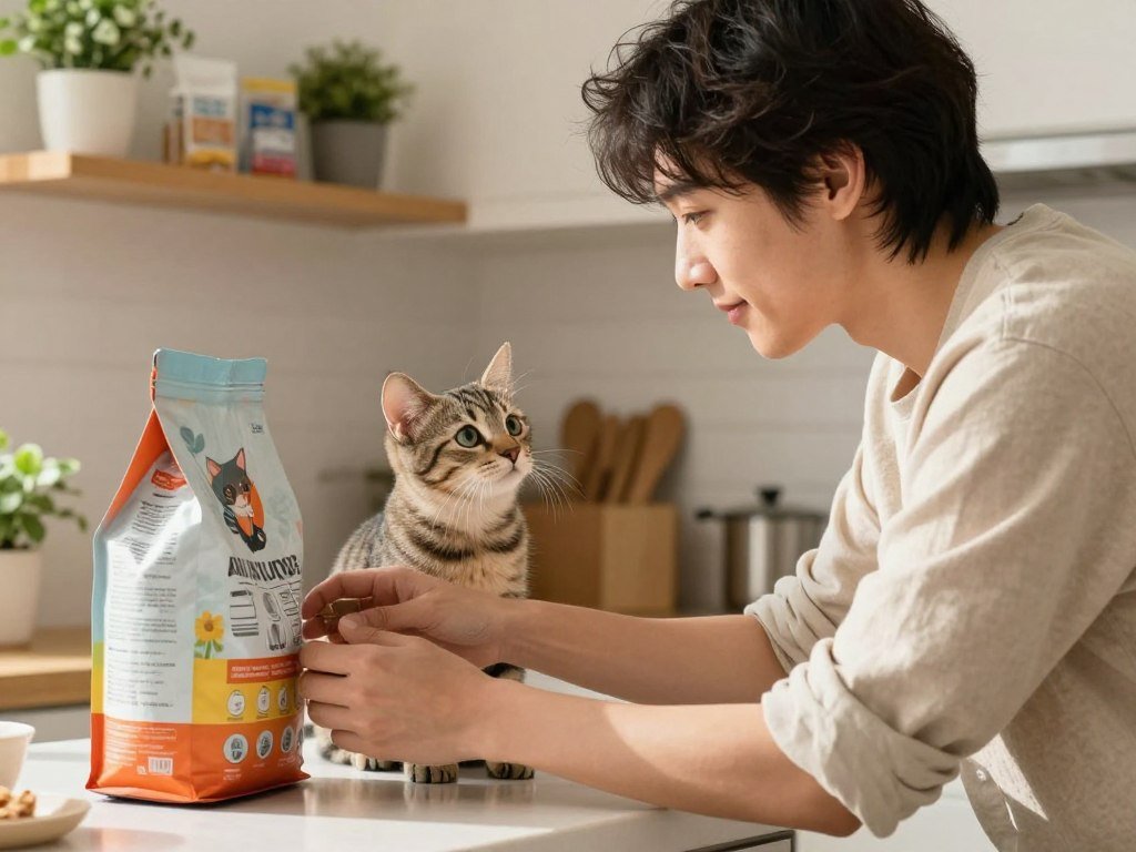 Owner checking kitten food label and feeding directions Owner checking kitten food label and feeding directions