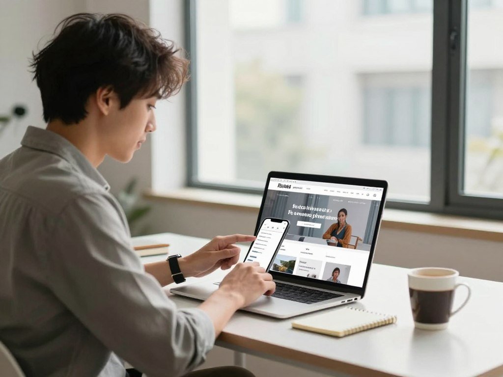 Owner reviewing website text and mobile layout before publishing Owner reviewing website text and mobile layout before publishing