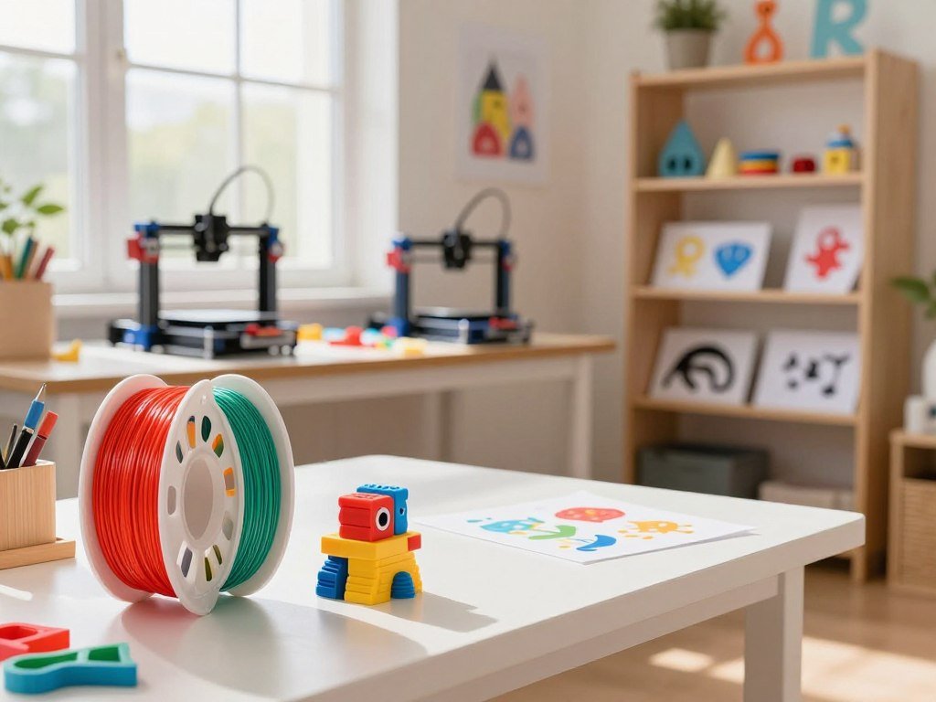 PLA filament and a small toy set in a ventilated family workspace PLA filament and a small toy set in a ventilated family workspace
