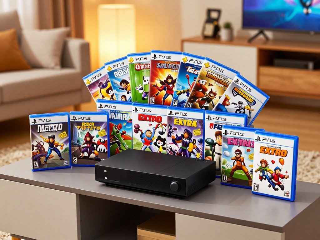 PS Plus Extra and Premium game libraries beside a family gaming console PS Plus Extra and Premium game libraries beside a family gaming console