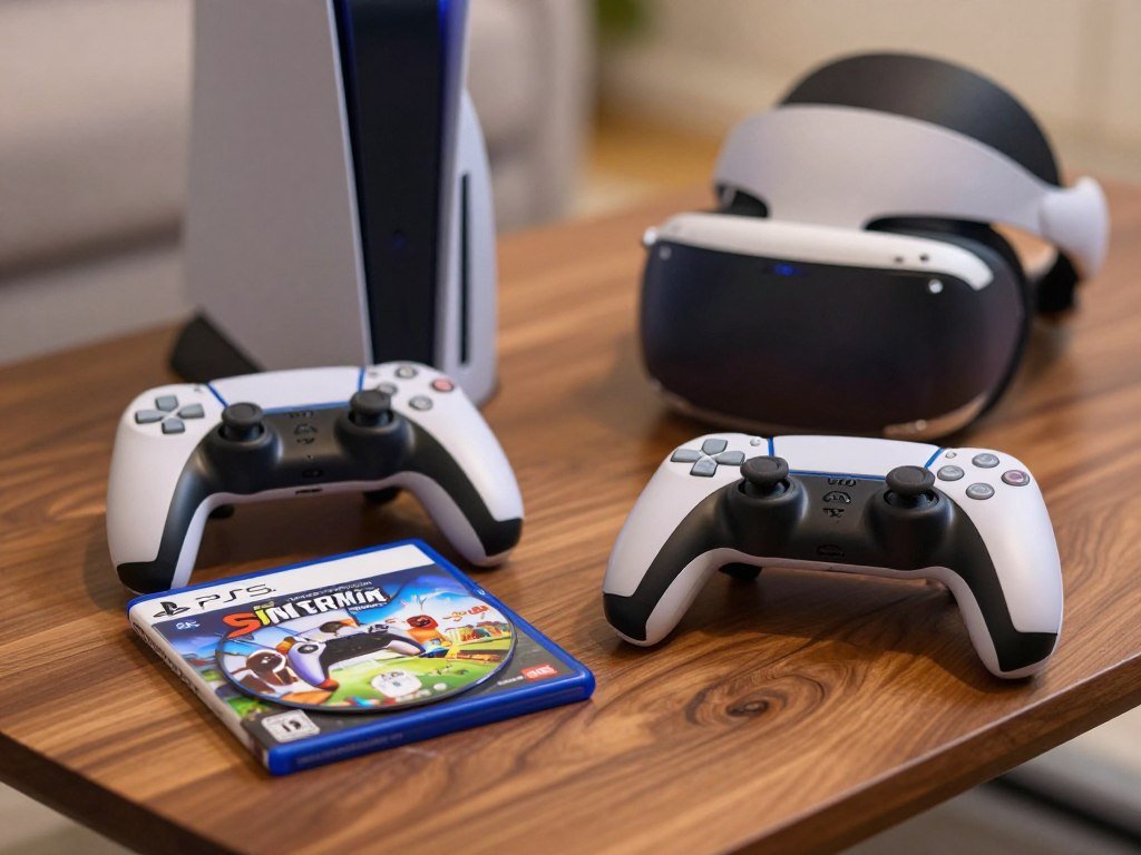 PS4 game disc beside a DualSense controller and PS VR headset PS4 game disc beside a DualSense controller and PS VR headset