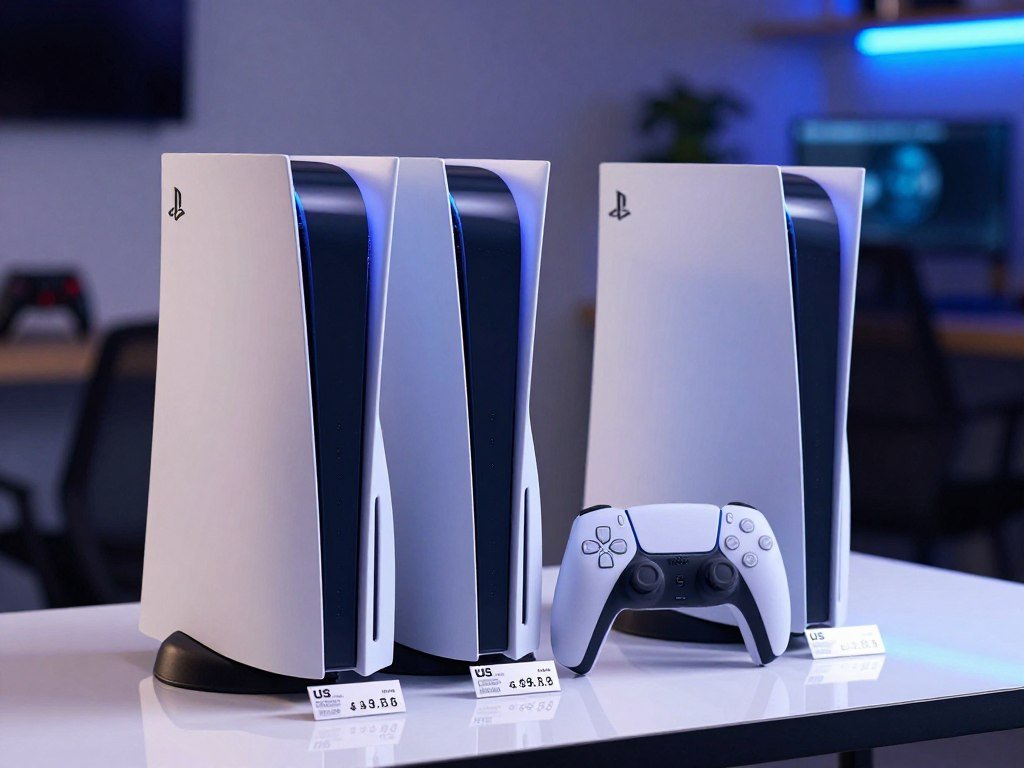 PS5 Pro and digital console beside US price labels PS5 Pro and digital console beside US price labels