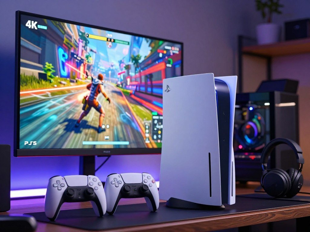 PS5 Pro console next to a 4K screen for gaming