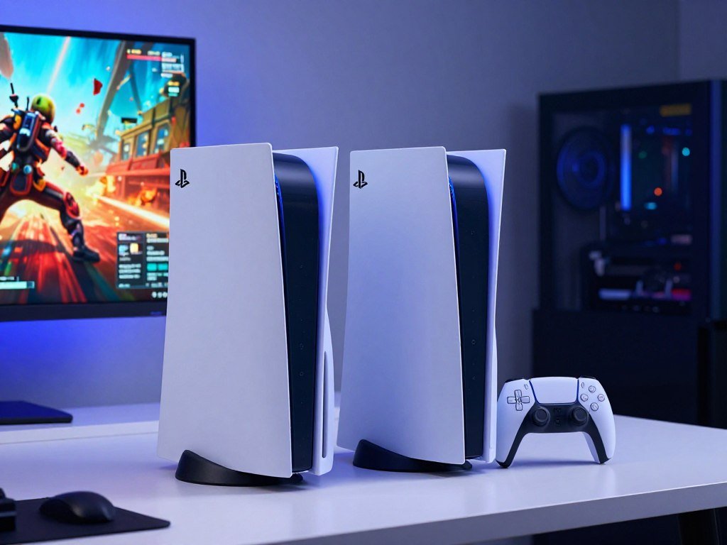 PS5 Slim and PS5 Pro core specs beside a gaming screen PS5 Slim and PS5 Pro core specs beside a gaming screen