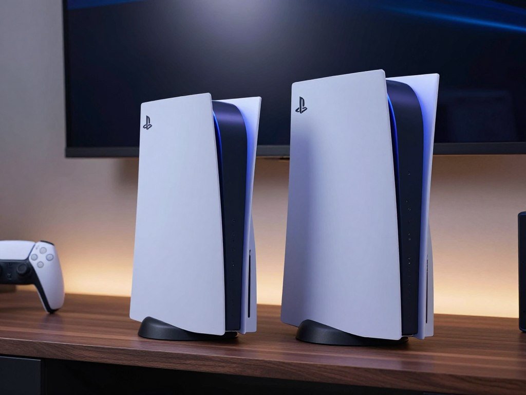PS5 Slim and Pro console sizes compared on a shelf PS5 Slim and Pro console sizes compared on a shelf