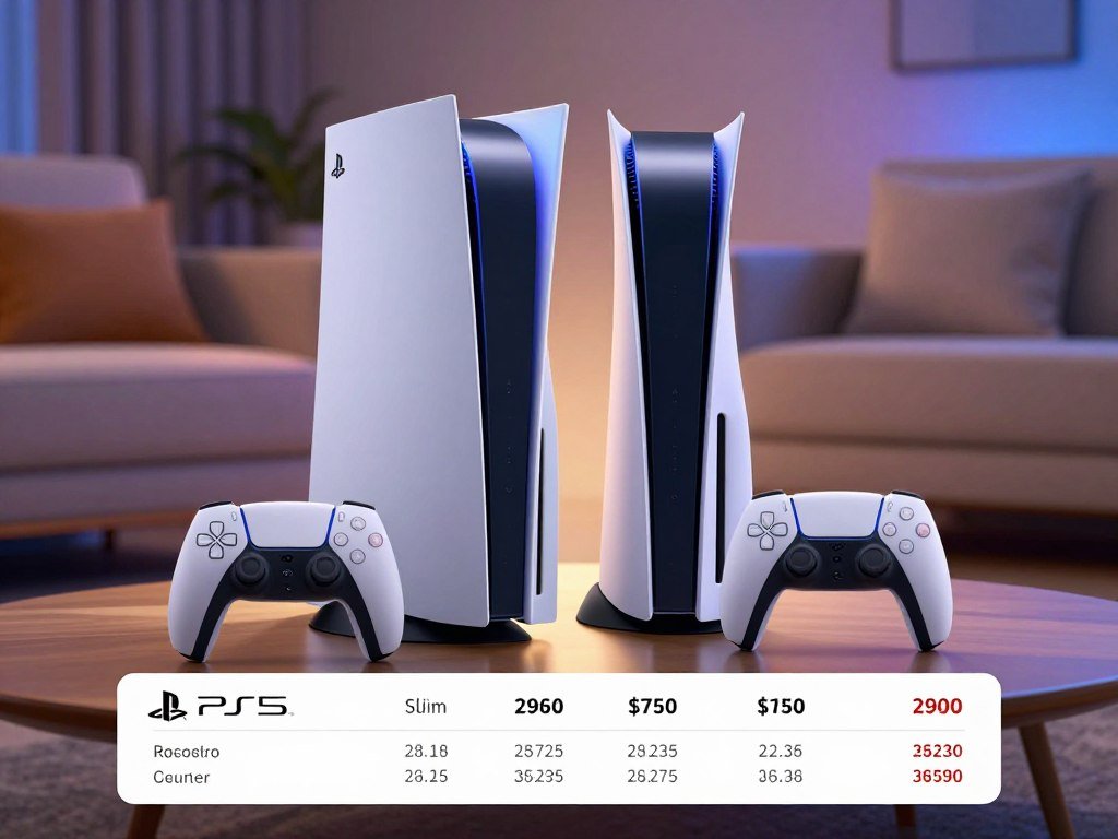 PS5 Slim and Pro editions shown beside a price list PS5 Slim and Pro editions shown beside a price list