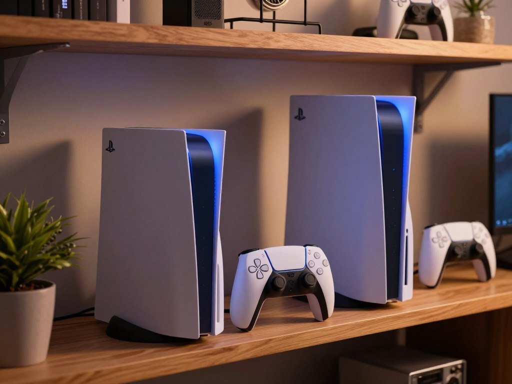 PS5 Slim and original PS5 size comparison on a shelf
