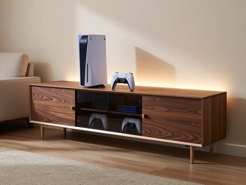PS5 Slim arranged horizontally in a media cabinet