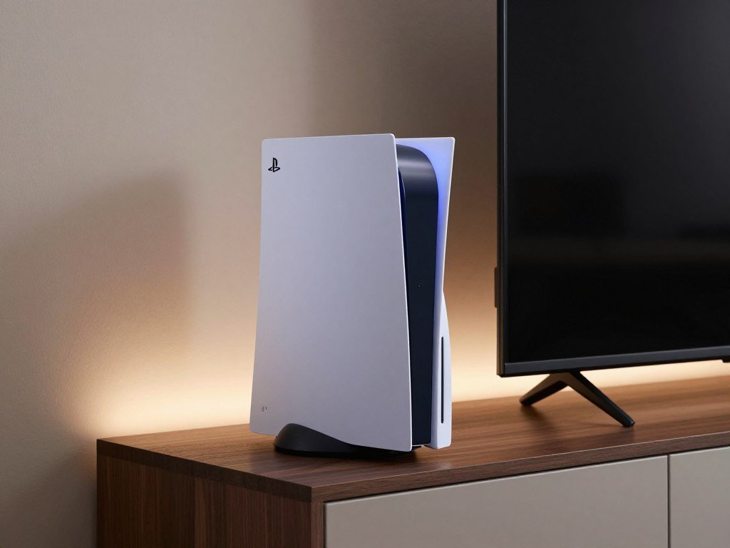 PS5 Slim fitting on a shallow shelf beside a television PS5 Slim fitting on a shallow shelf beside a television