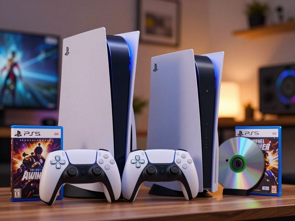 PS5 and Xbox Series X disc models beside game cases