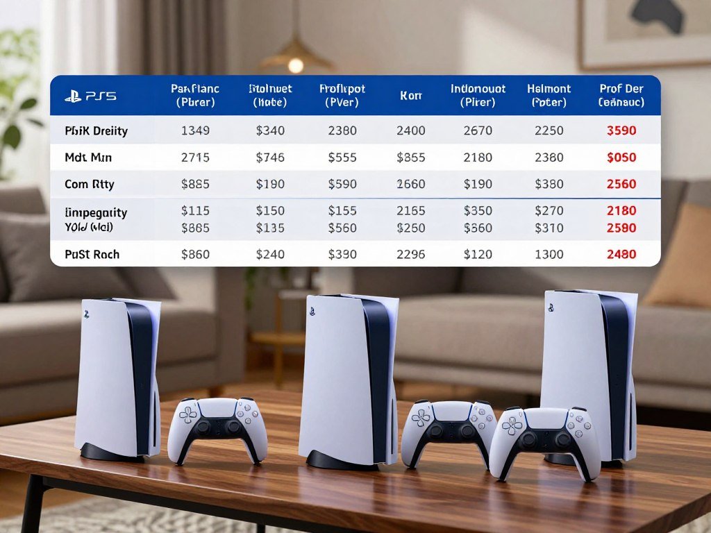 PS5 console price table comparing storage and model listings