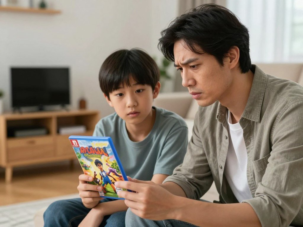 Parent checks ESRB game rating and interactive features