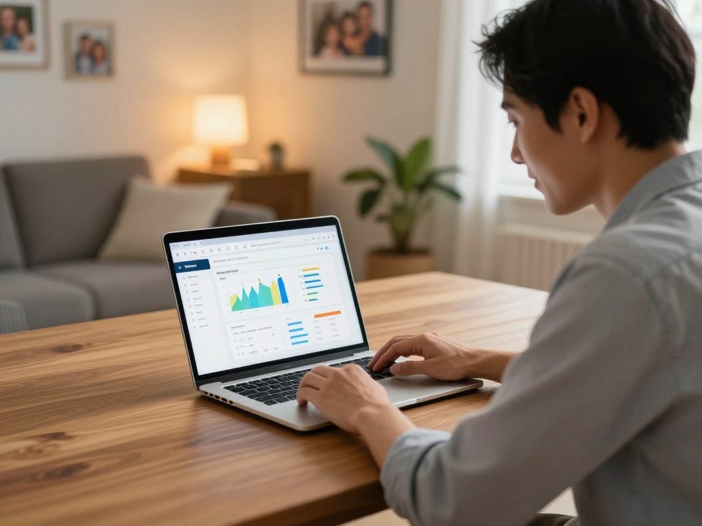 Parent reviewing Norton parental controls on a family laptop Parent reviewing Norton parental controls on a family laptop