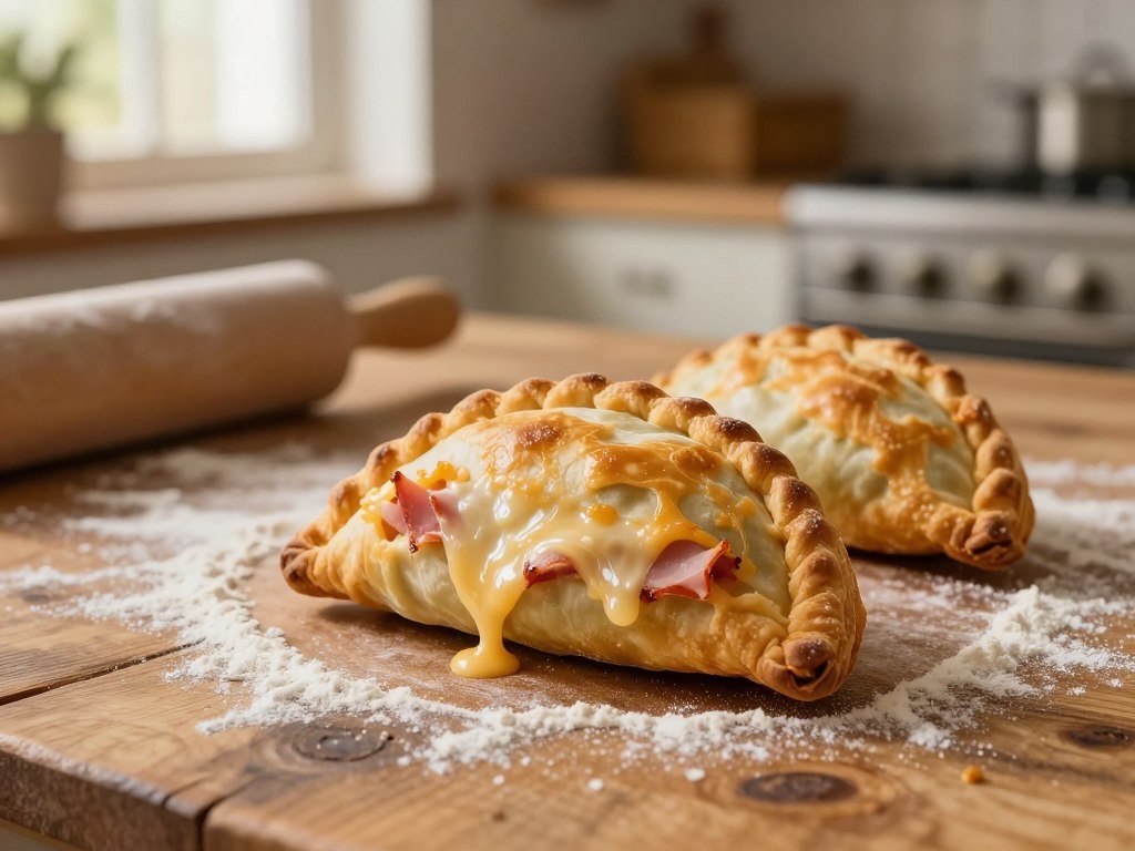 Pastry holding a balanced ham and cheese empanada filling Pastry holding a balanced ham and cheese empanada filling