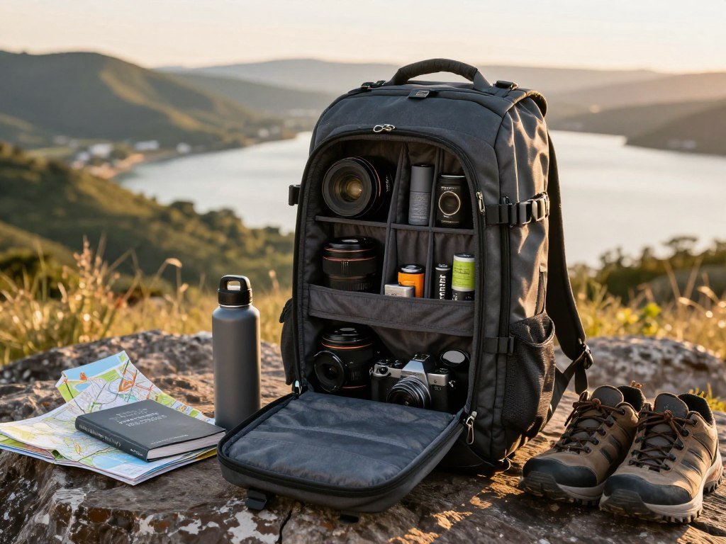 Peak Design camera backpack open beside travel gear Peak Design camera backpack open beside travel gear