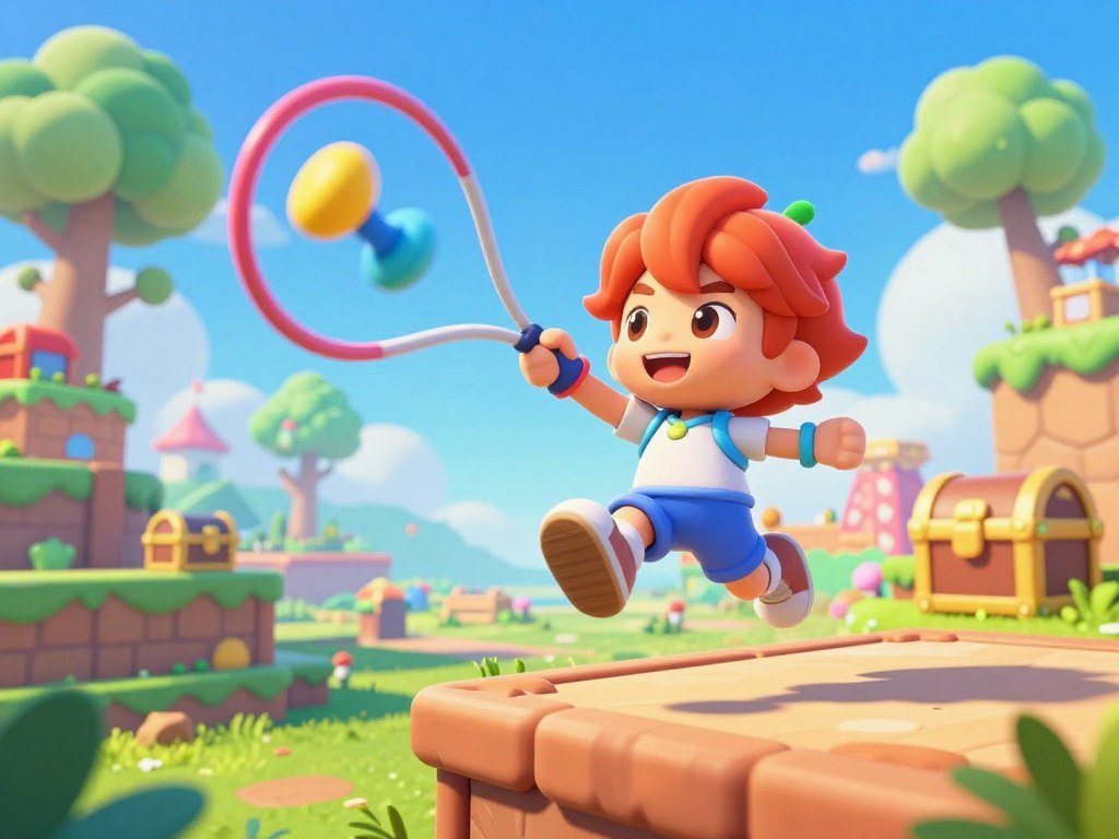 Penny swinging a yo-yo through a 3D platform game