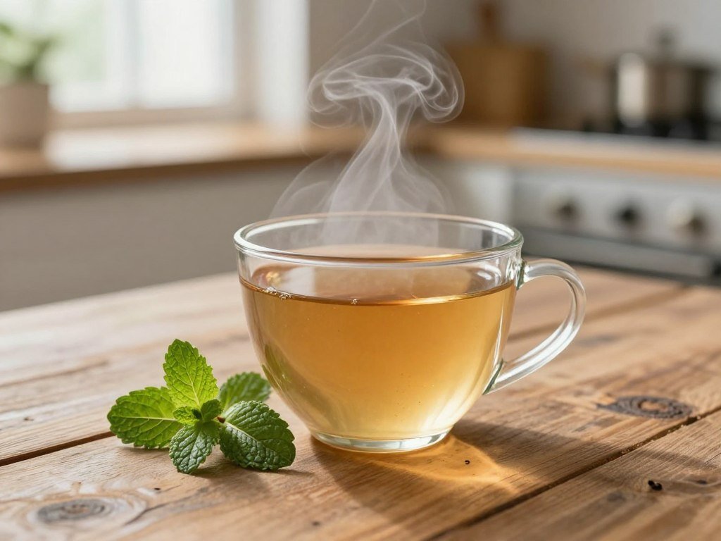 Peppermint tea steaming in a cup with mint leaves nearby
