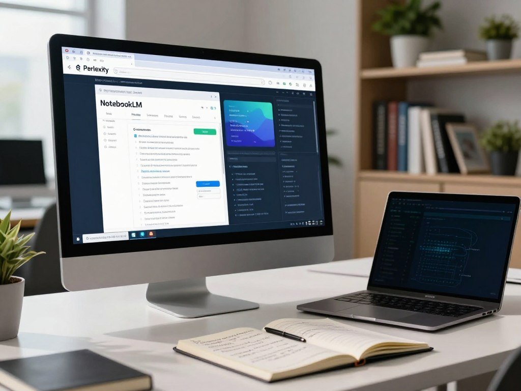 Perplexity search and NotebookLM research files on screen Perplexity search and NotebookLM research files on screen