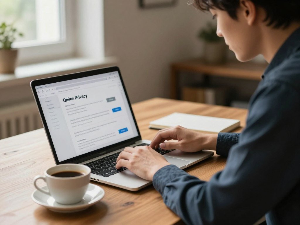 Person reviews online privacy choices beside a laptop