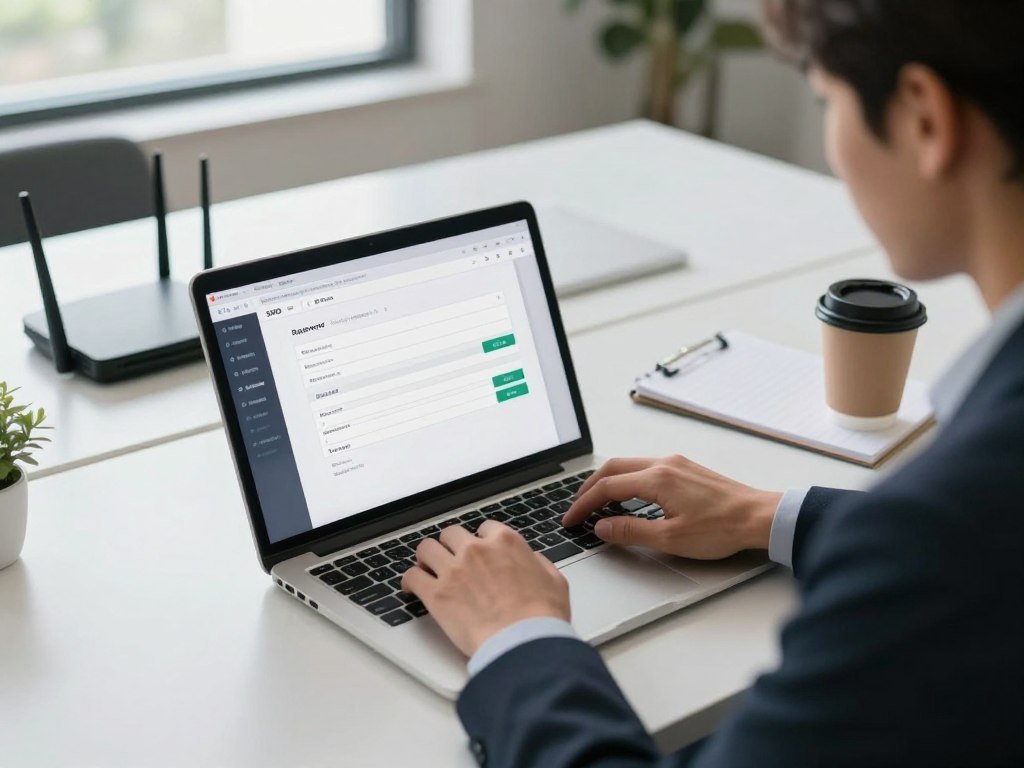 Person updates router password and SSID on a laptop