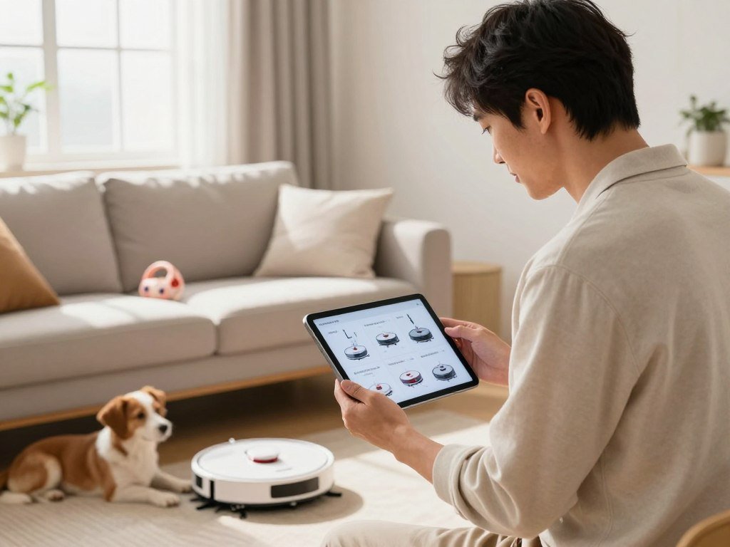 Pet owner comparing robot vacuum prices beside a sofa