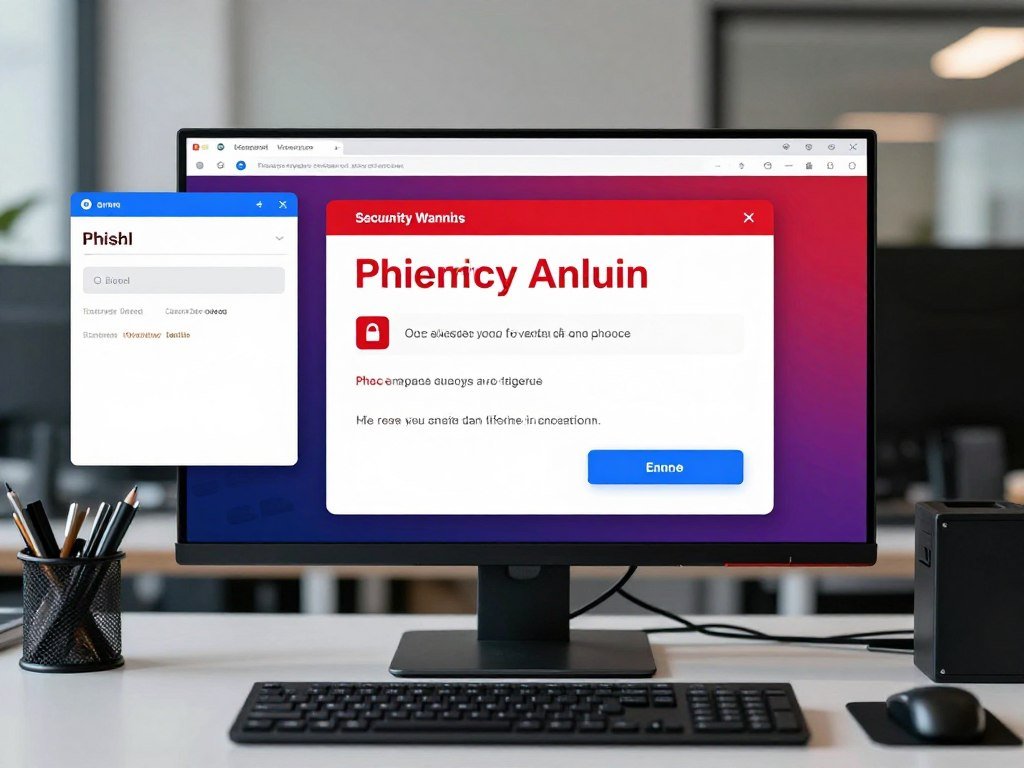 Phishing message beside software security warnings on a screen Phishing message beside software security warnings on a screen