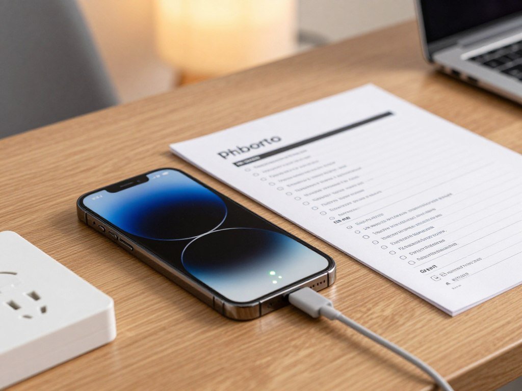 Phone charging beside a checklist for battery life and accessories