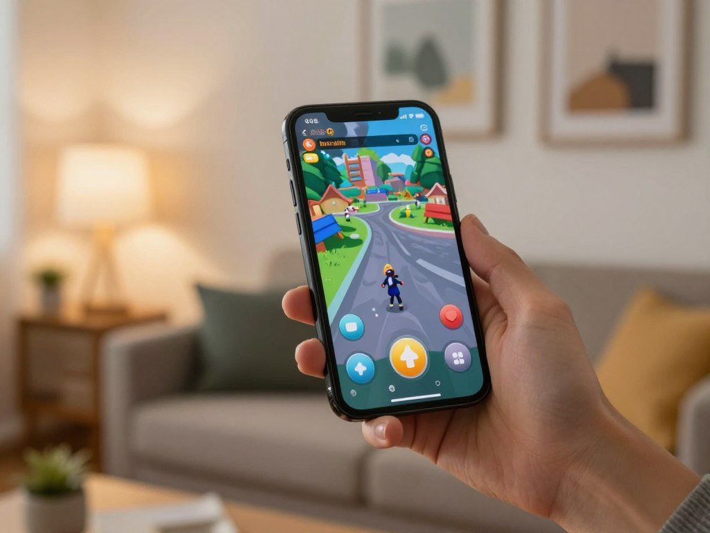 Phone in hand with a game suited to a quick session Phone in hand with a game suited to a quick session